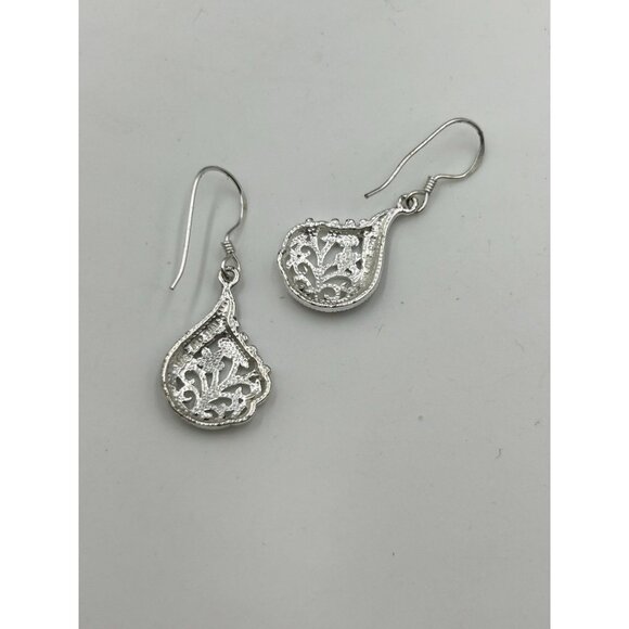 Sterling Silver Dangles Earrings Ornate Floral Drops With Marcasites - Picture 3 of 4